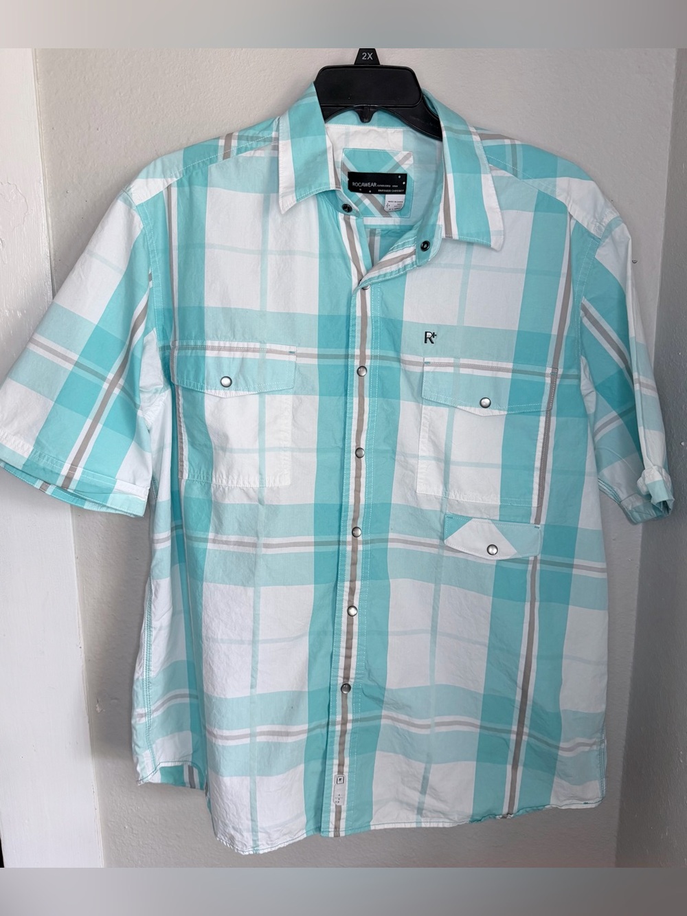 Rocawear Blue Plaid short sleeve button shirt men XL